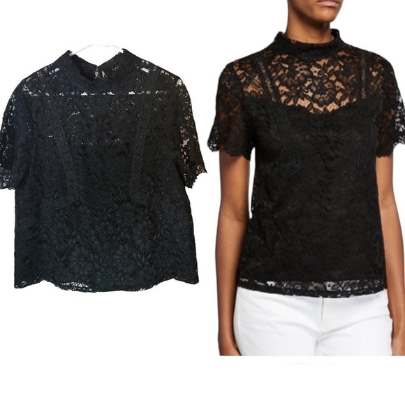 NEW Black Lace blouse High Mock Neck Lined Short sleeve Women’s Sz XL - Picture 4 of 9